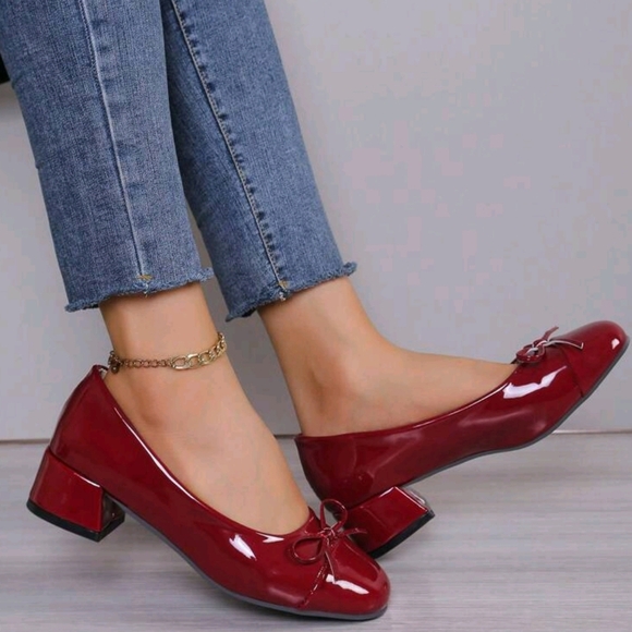 New 2024 Women Classic Red High Heels Ballet Flats With Square Toe, Chunky/Low - Picture 2 of 7